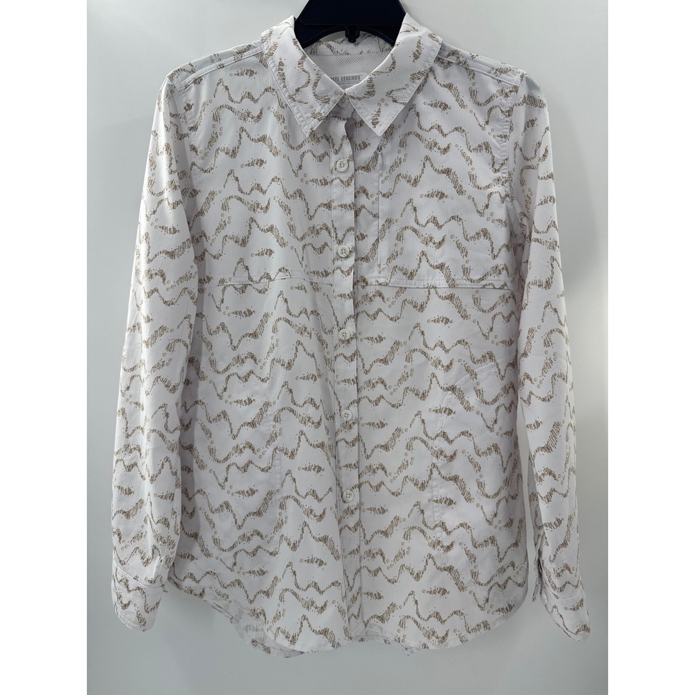 Reel Legends Mariner Womens Small White Tan Abstract Print Fishing Shirt Long Sl